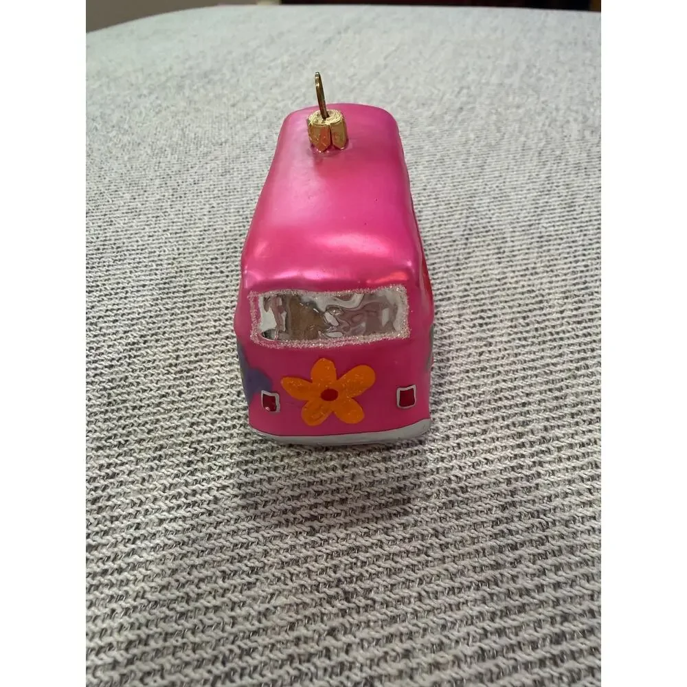 Hippie Bus Glass Christmas Ornament Pink Retro Van Peace Flower Power.